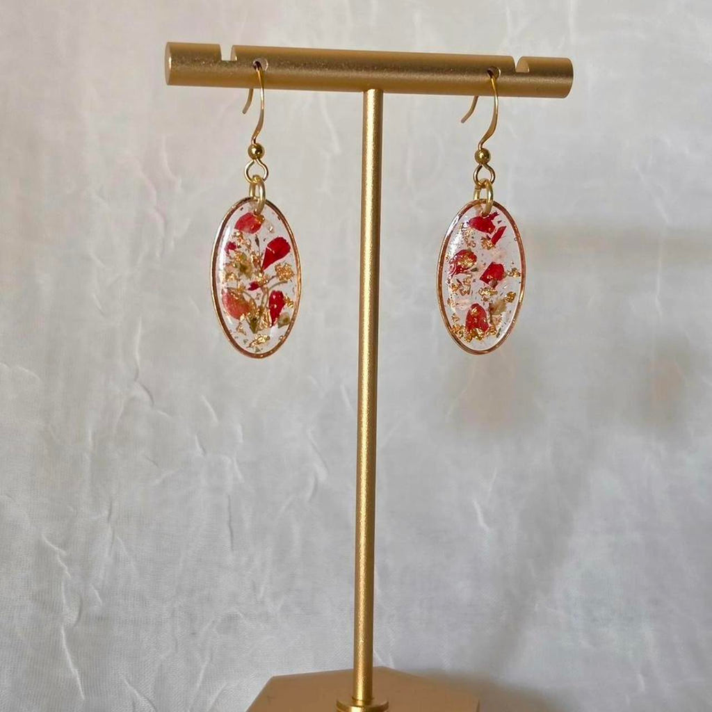 Red Oval Pressed Flower Resin Drop Earrings – Handmade Fairycore Jewelry with Gold Flakes