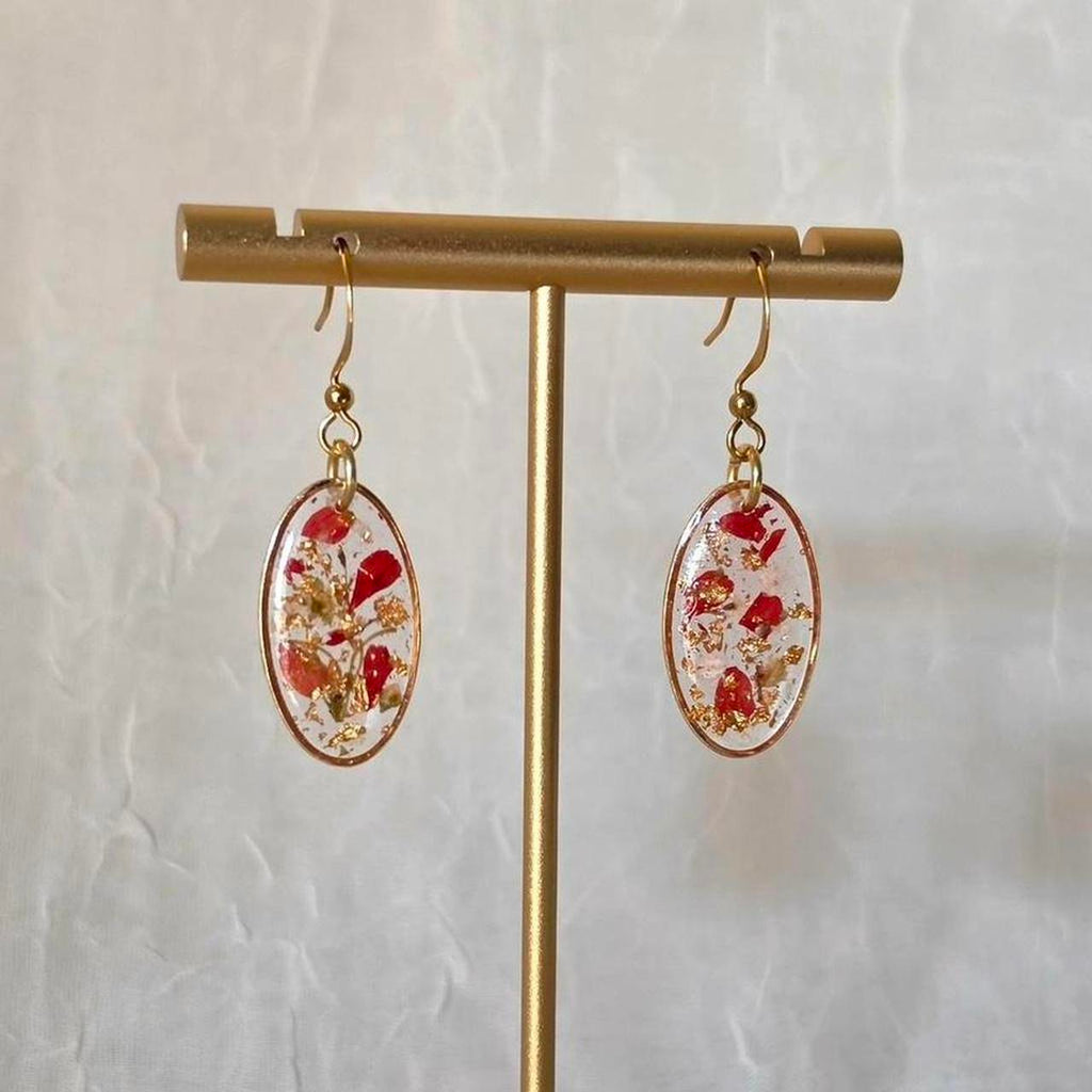 Red Oval Pressed Flower Resin Drop Earrings – Handmade Fairycore Jewelry with Gold Flakes
