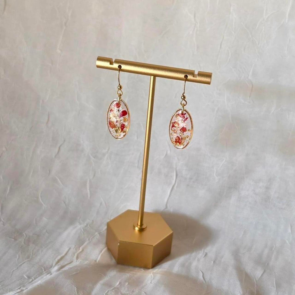Red Oval Pressed Flower Resin Drop Earrings – Handmade Fairycore Jewelry with Gold Flakes