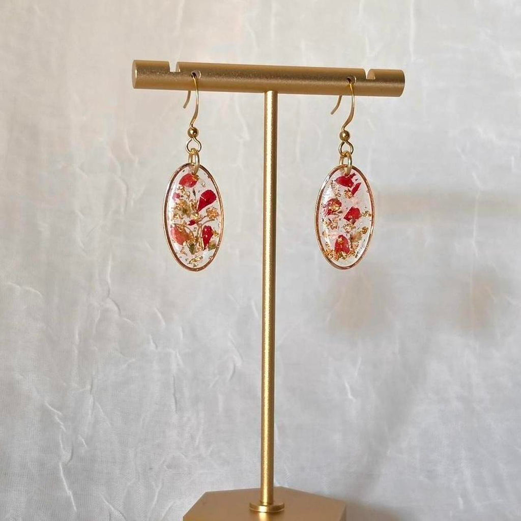 Red Oval Pressed Flower Resin Drop Earrings – Handmade Fairycore Jewelry with Gold Flakes