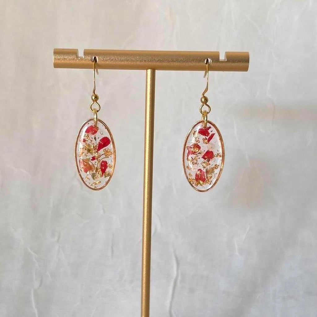 Red Oval Pressed Flower Resin Drop Earrings – Handmade Fairycore Jewelry with Gold Flakes