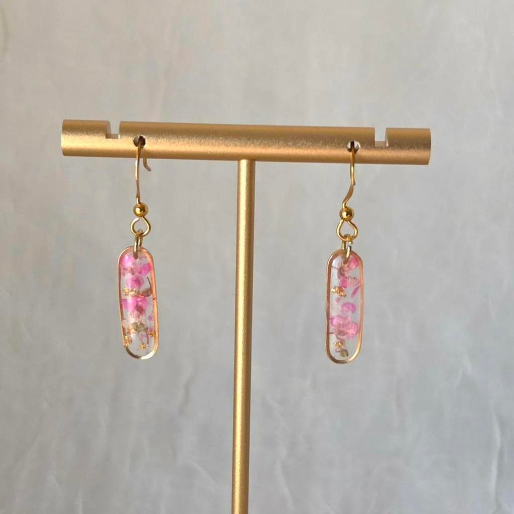 Pink and Green Oval Pressed Flower Resin Earrings – Handmade Fairycore Jewelry with Gold Flakes