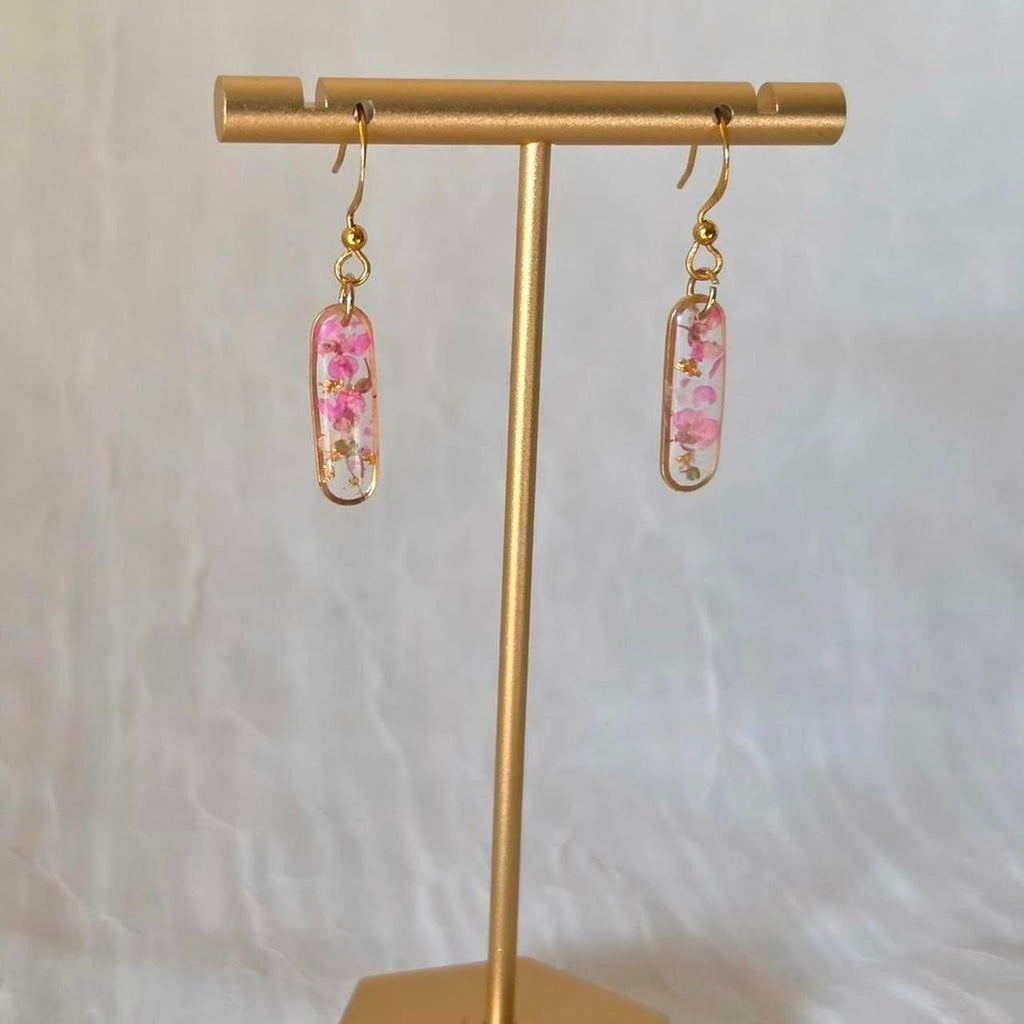 Pink and Green Oval Pressed Flower Resin Earrings – Handmade Fairycore Jewelry with Gold Flakes