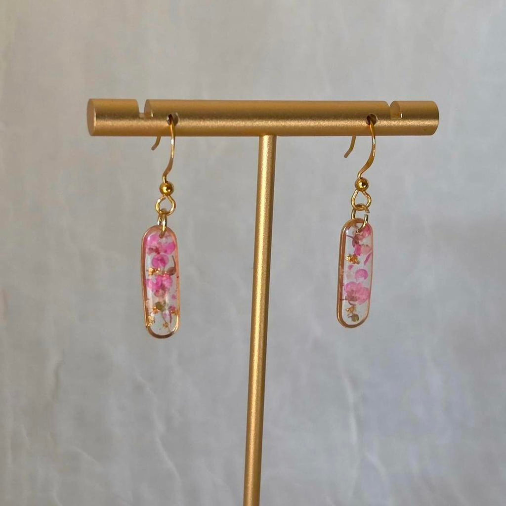 Pink and Green Oval Pressed Flower Resin Earrings – Handmade Fairycore Jewelry with Gold Flakes