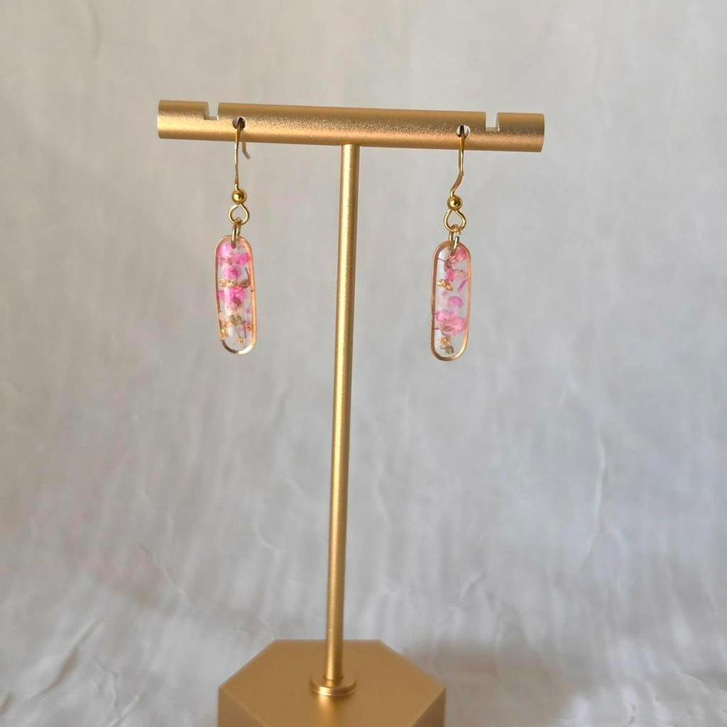 Pink and Green Oval Pressed Flower Resin Earrings – Handmade Fairycore Jewelry with Gold Flakes