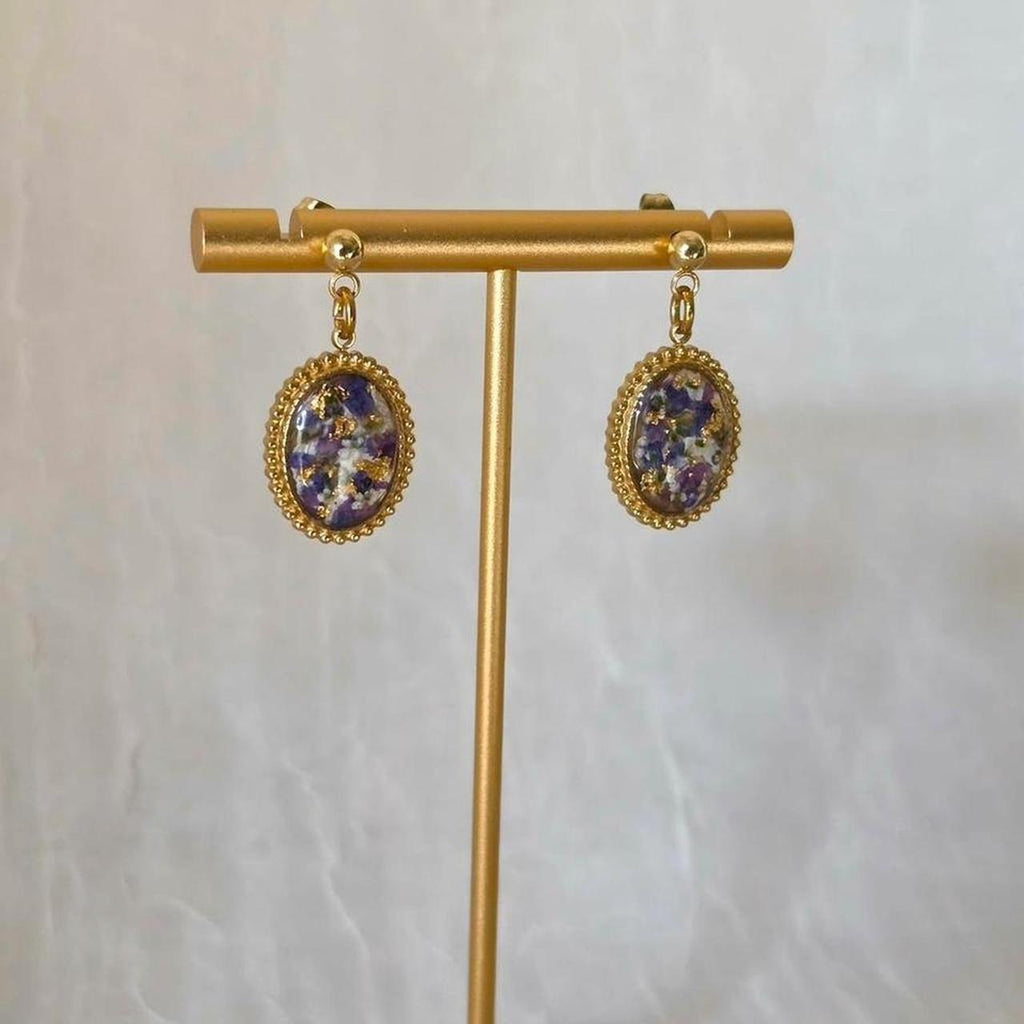 Handmade Pressed Flower Resin Cabochon Earrings- Vintage-Inspired Gold Flake Jewelry