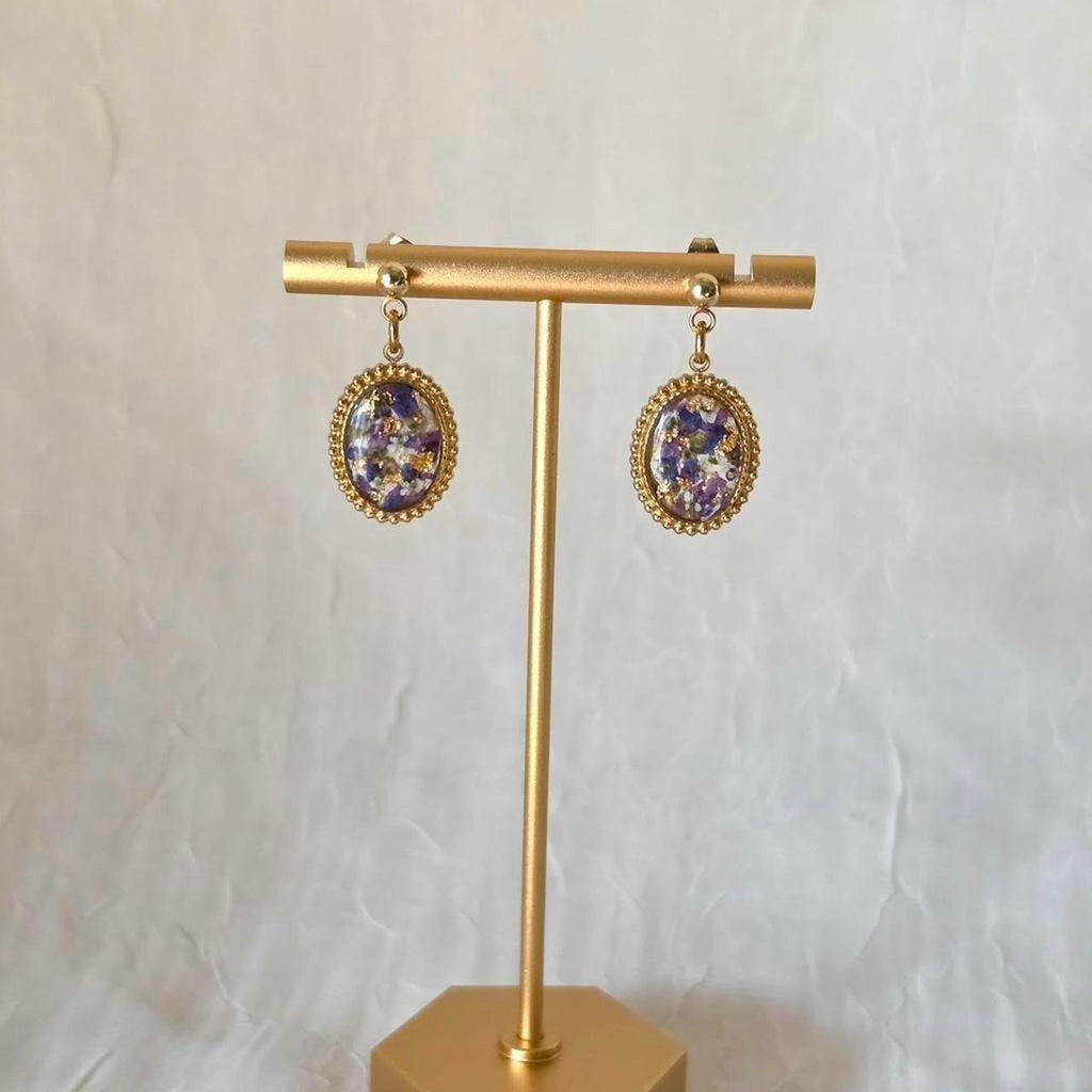 Handmade Pressed Flower Resin Cabochon Earrings- Vintage-Inspired Gold Flake Jewelry