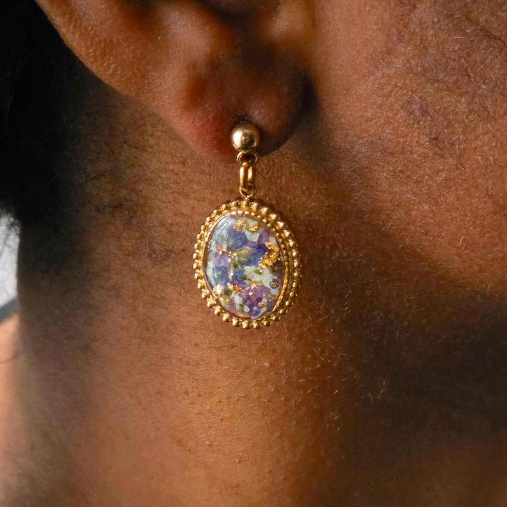 Handmade Pressed Flower Resin Cabochon Earrings- Vintage-Inspired Gold Flake Jewelry