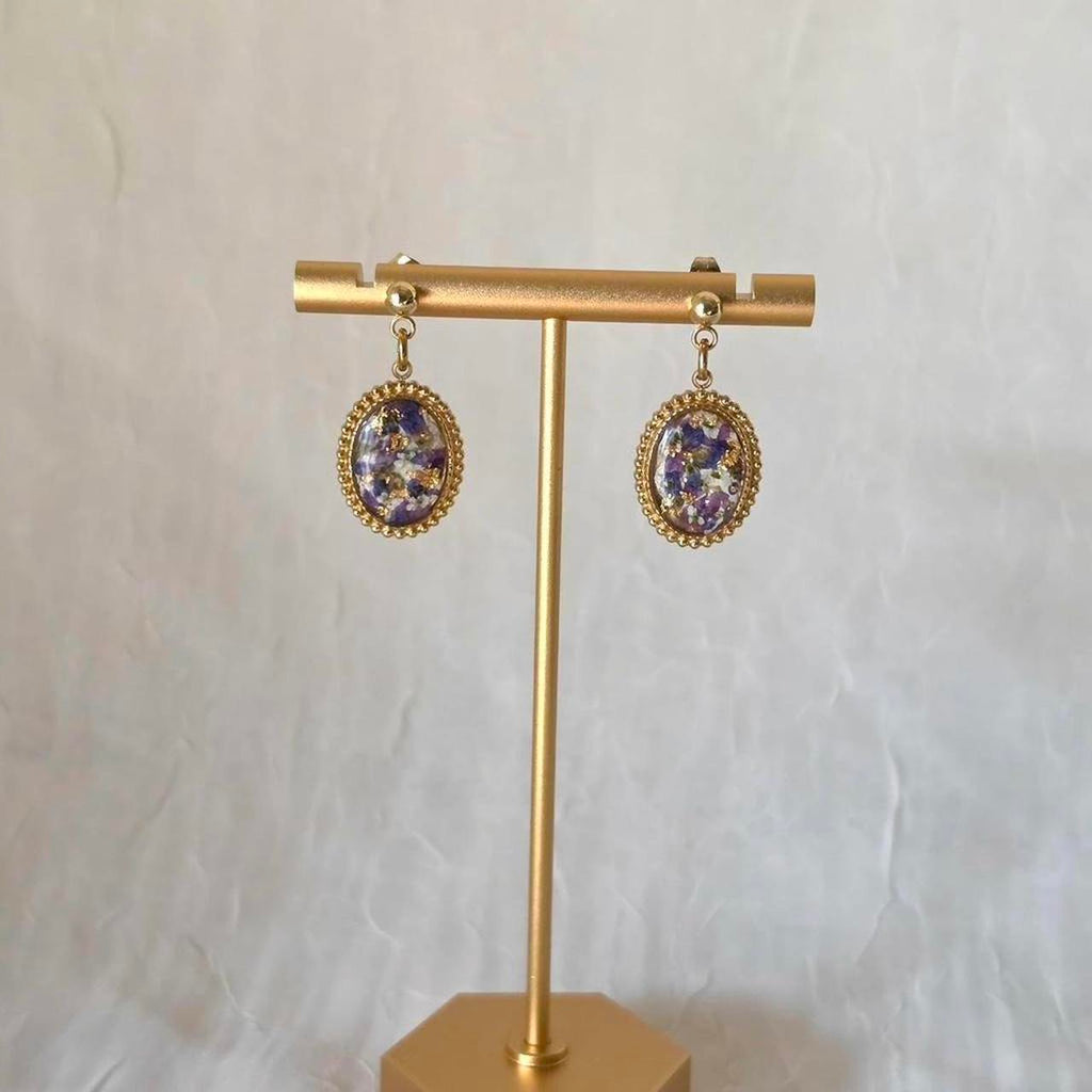 Handmade Pressed Flower Resin Cabochon Earrings- Vintage-Inspired Gold Flake Jewelry