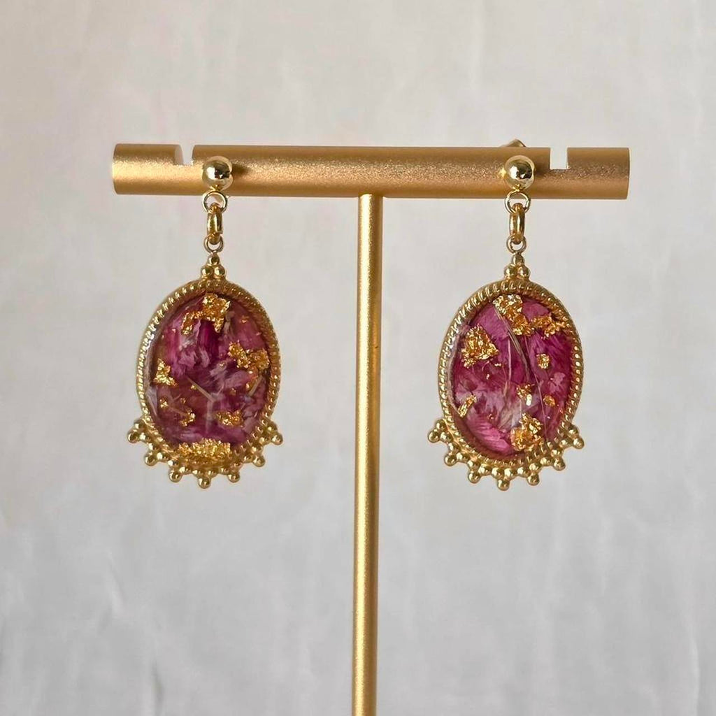 Garden Dianthus Pressed Flower Earrings – Handmade Resin Cabochon with Real Homegrown Flowers
