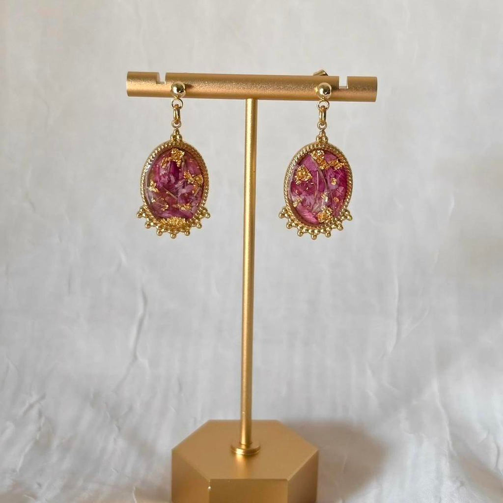 Garden Dianthus Pressed Flower Earrings – Handmade Resin Cabochon with Real Homegrown Flowers