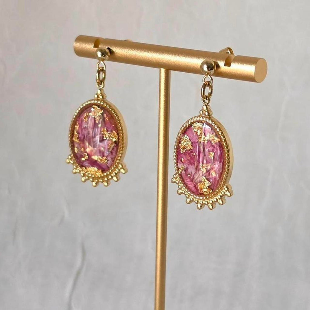 Garden Dianthus Pressed Flower Earrings – Handmade Resin Cabochon with Real Homegrown Flowers