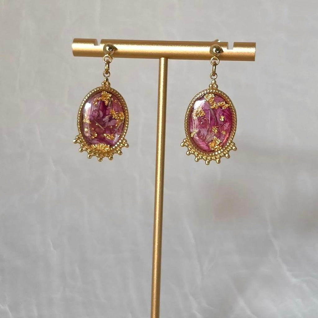 Garden Dianthus Pressed Flower Earrings – Handmade Resin Cabochon with Real Homegrown Flowers