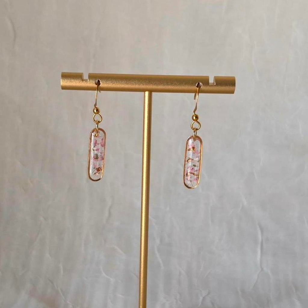 Small Pink Oval Pressed Flower Resin Earrings – Handmade Fairycore Jewelry with Gold Flakes