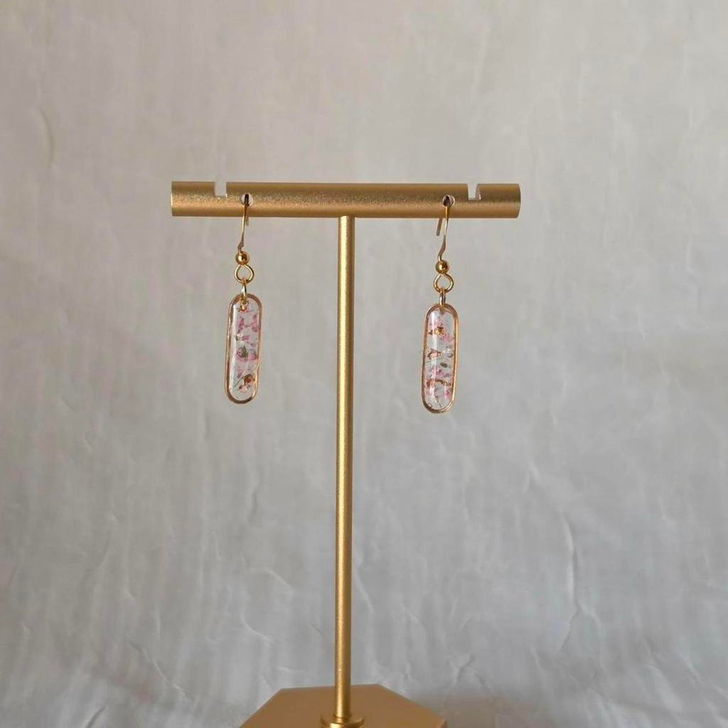 Small Pink Oval Pressed Flower Resin Earrings – Handmade Fairycore Jewelry with Gold Flakes