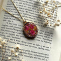 Pink Pressed Flower Resin Necklace – Handmade Vintage Bezel Pendant with Gold Flakes