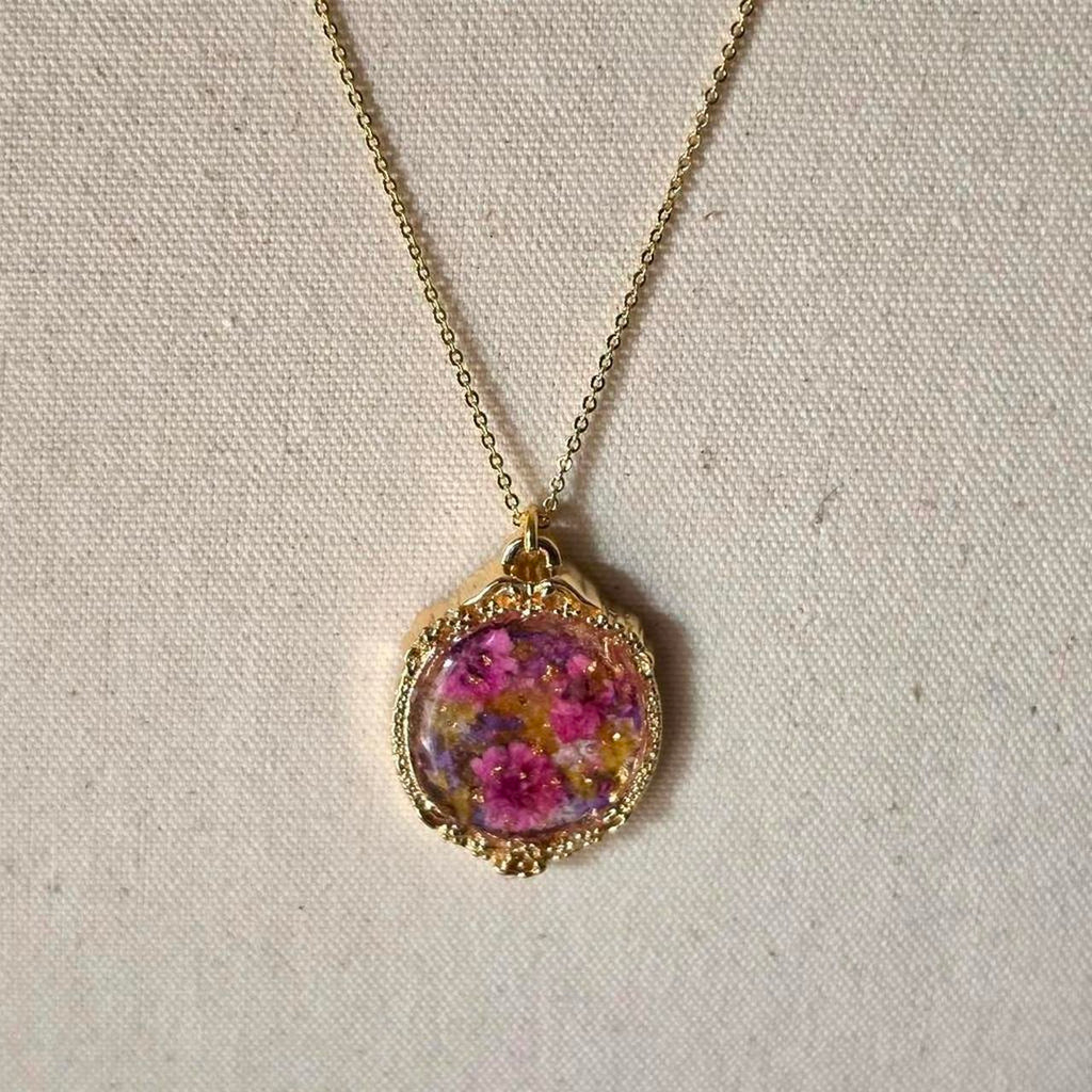 Pink Pressed Flower Resin Necklace – Handmade Vintage Bezel Pendant with Gold Flakes
