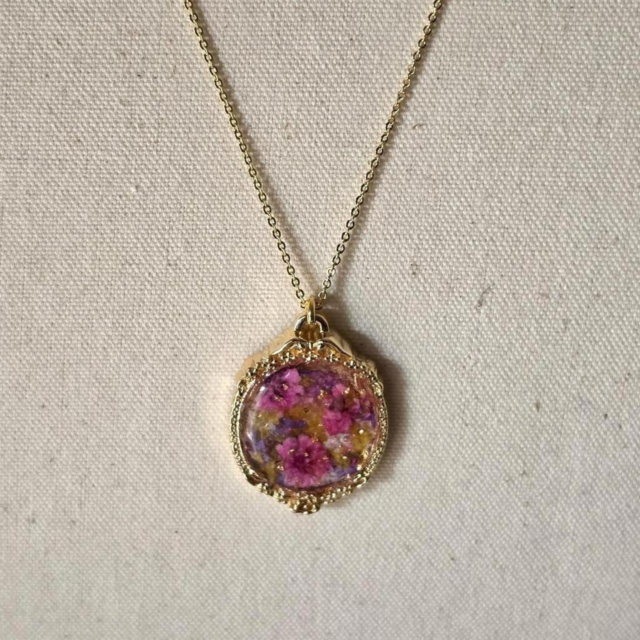 Pink Pressed Flower Resin Necklace – Handmade Vintage Bezel Pendant with Gold Flakes