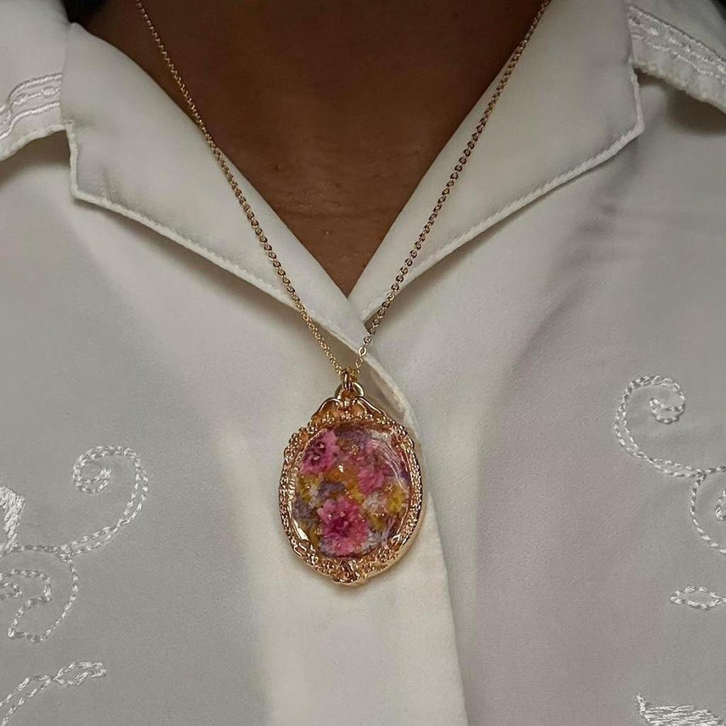 Pink Pressed Flower Resin Necklace – Handmade Vintage Bezel Pendant with Gold Flakes