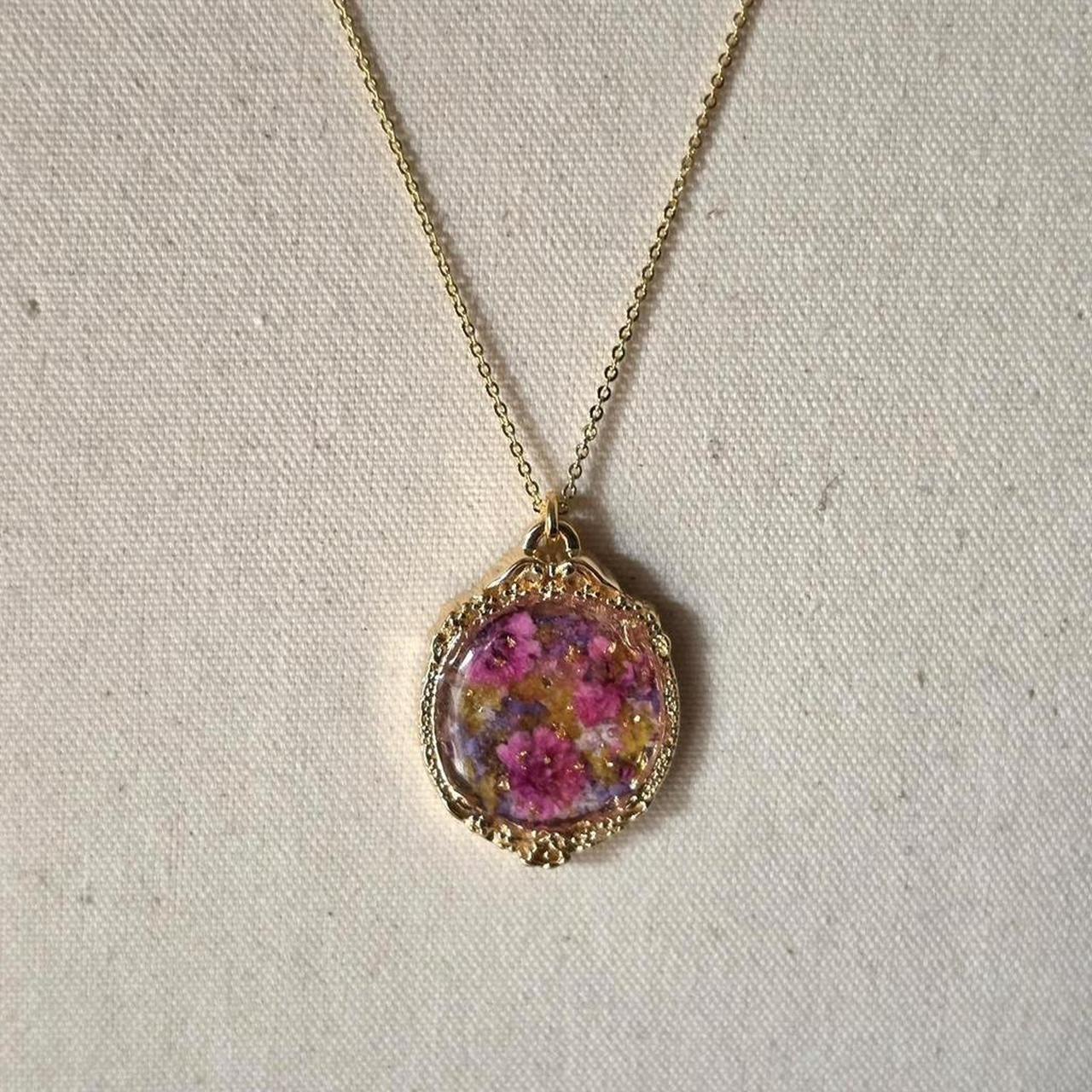 Pink Pressed Flower Resin Necklace – Handmade Vintage Bezel Pendant with Gold Flakes