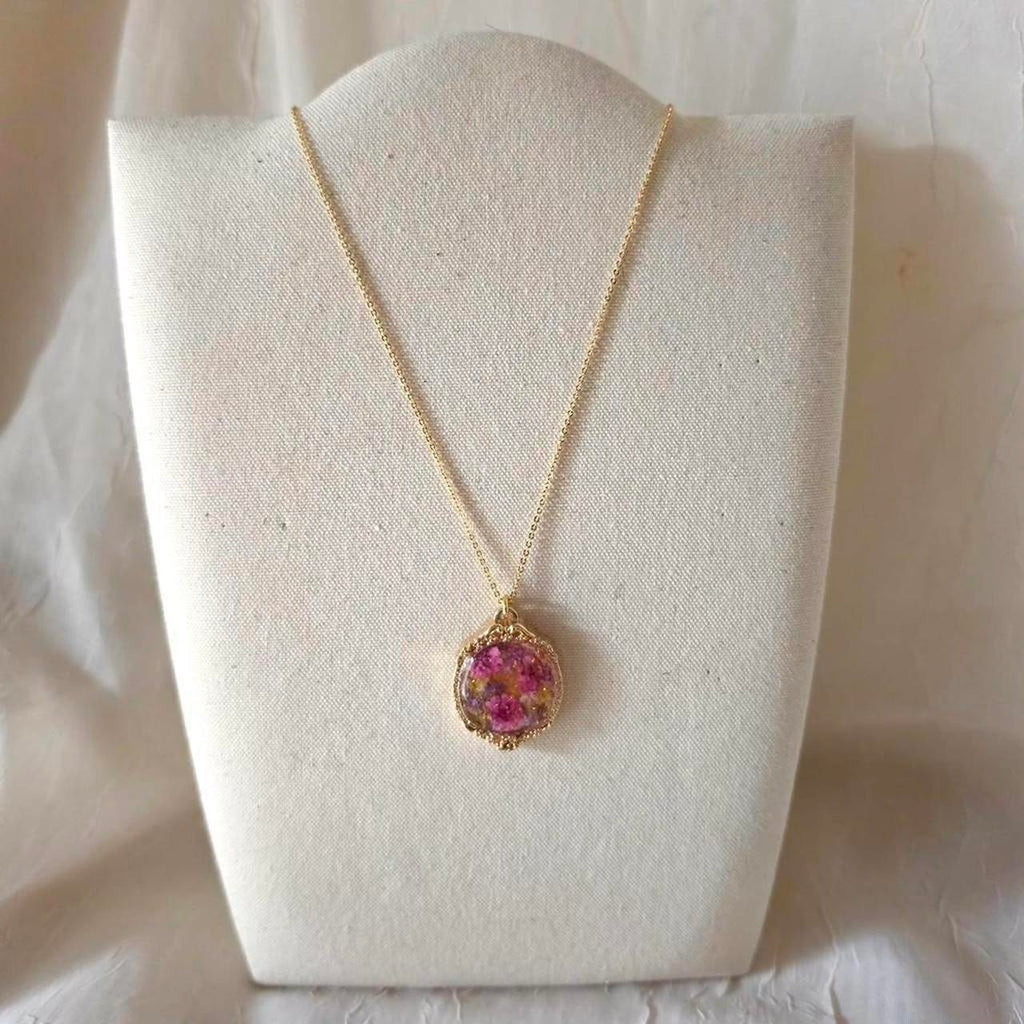 Pink Pressed Flower Resin Necklace – Handmade Vintage Bezel Pendant with Gold Flakes