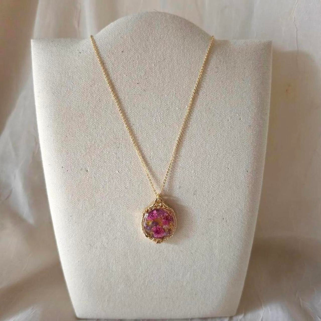 Pink Pressed Flower Resin Necklace – Handmade Vintage Bezel Pendant with Gold Flakes