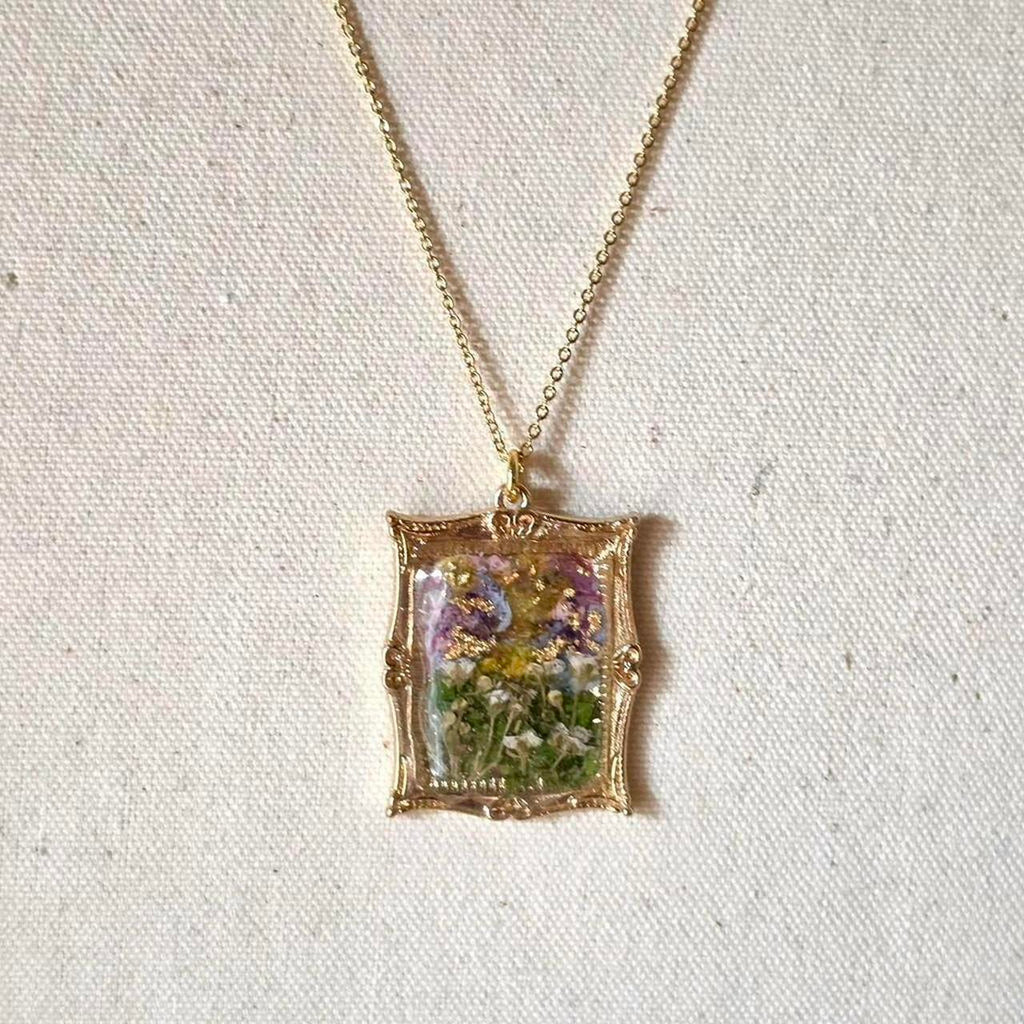 The Ethereal Garden Pressed Flower Resin Necklace – Handmade Vintage Bezel Pendant with Gold Flakes