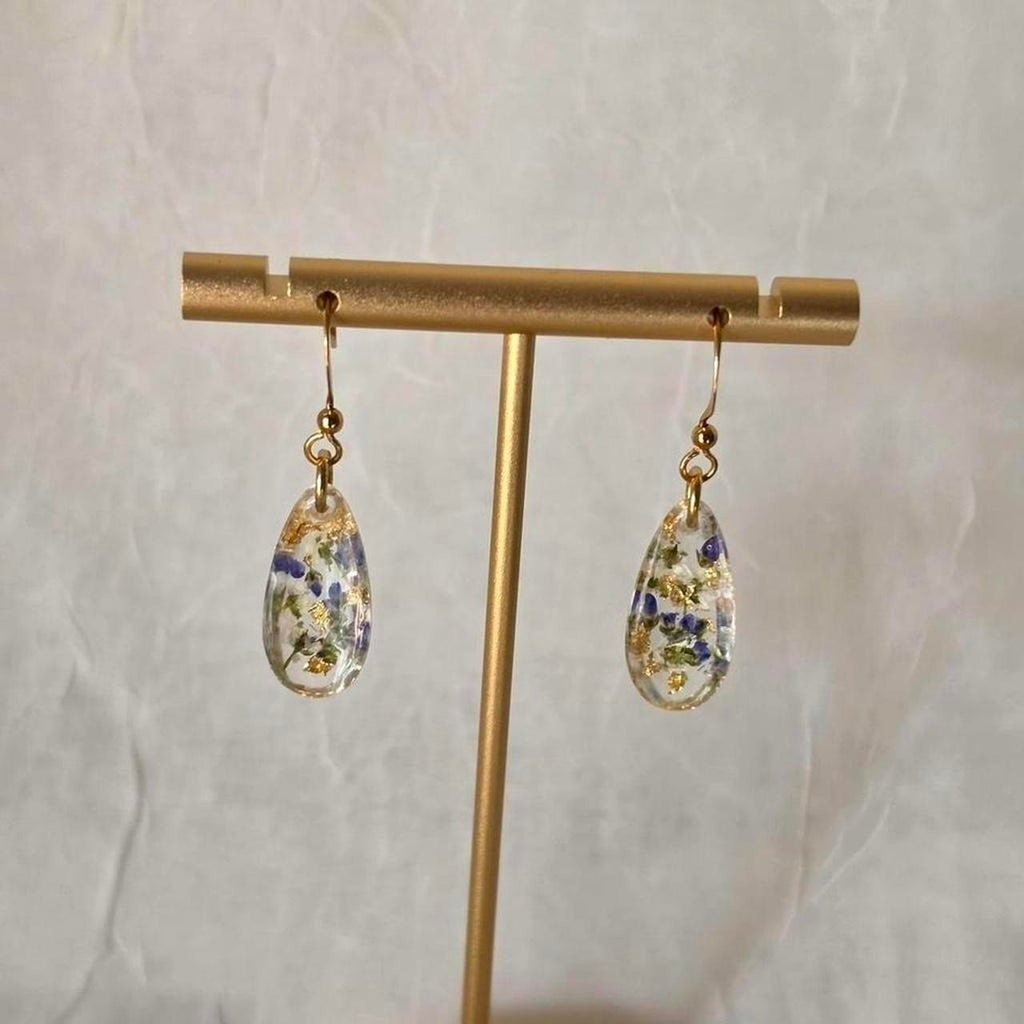 Blue and Green Pressed Flower Resin Drop Earrings – Handmade Teardrop Resin Jewelry with Gold Flakes