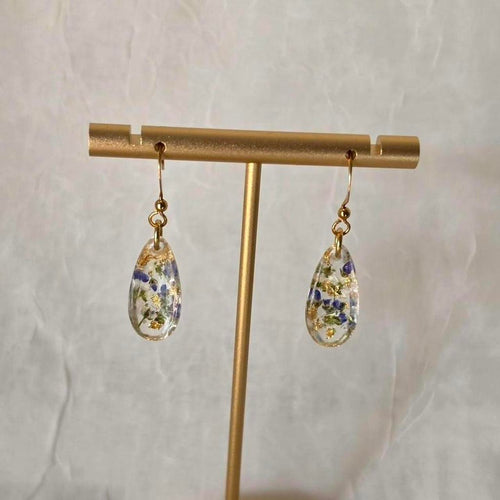 Blue and Green Pressed Flower Resin Drop Earrings – Handmade Teardrop Resin Jewelry with Gold Flakes