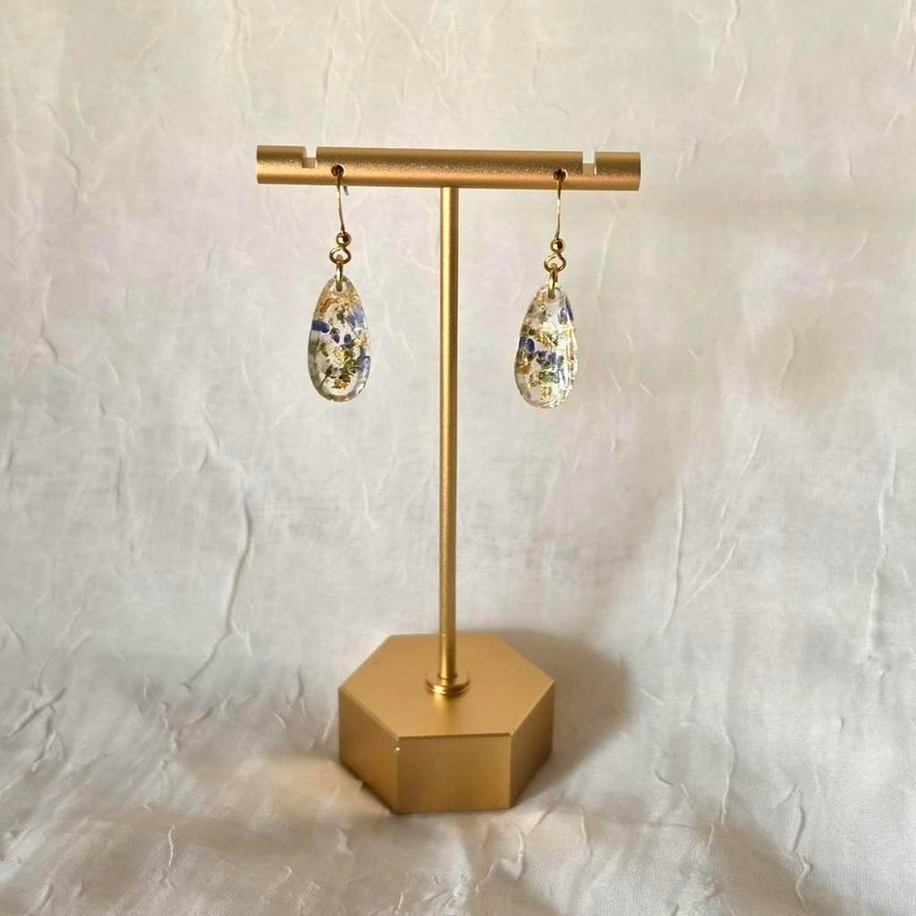 Blue and Green Pressed Flower Resin Drop Earrings – Handmade Teardrop Resin Jewelry with Gold Flakes