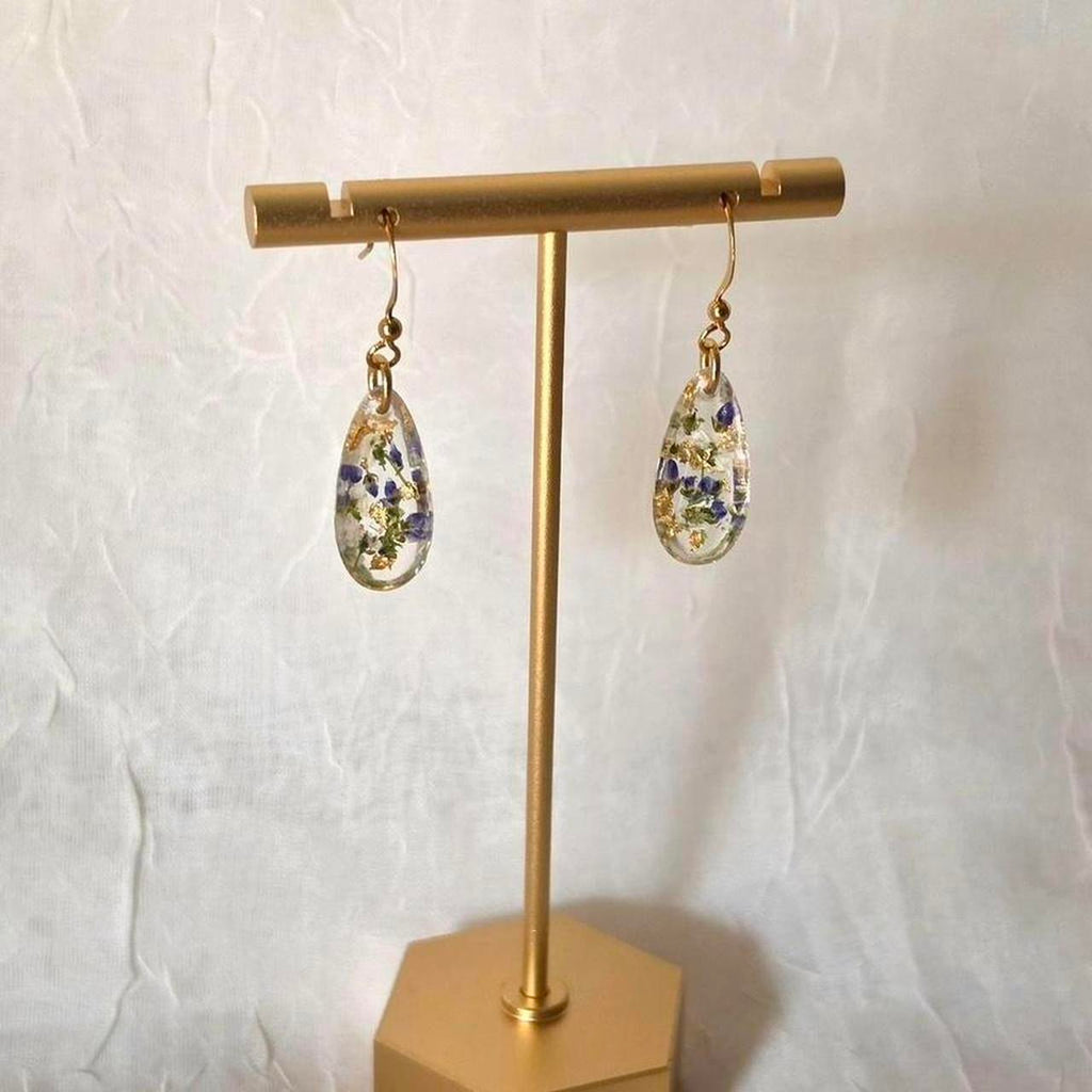Blue and Green Pressed Flower Resin Drop Earrings – Handmade Teardrop Resin Jewelry with Gold Flakes