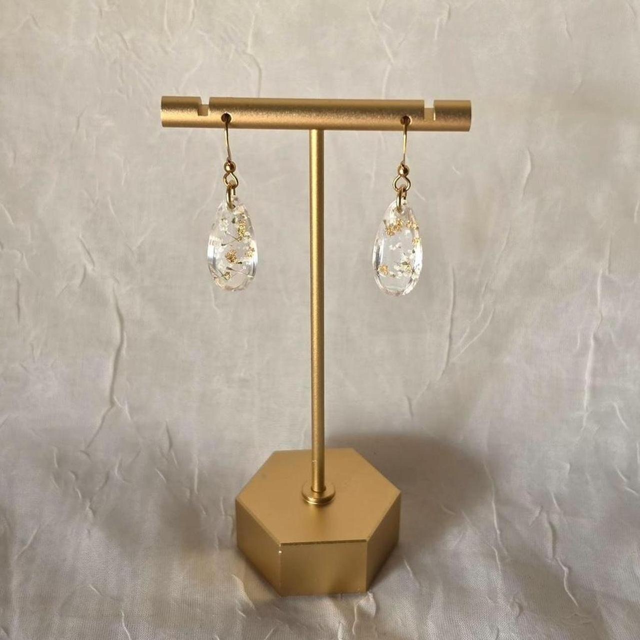 White Pressed Flower Resin Tear Drop Earrings - Handmade Teardrop Resin Jewelry with Gold Flakes