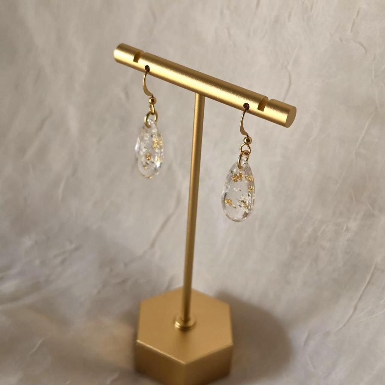 White Pressed Flower Resin Tear Drop Earrings - Handmade Teardrop Resin Jewelry with Gold Flakes