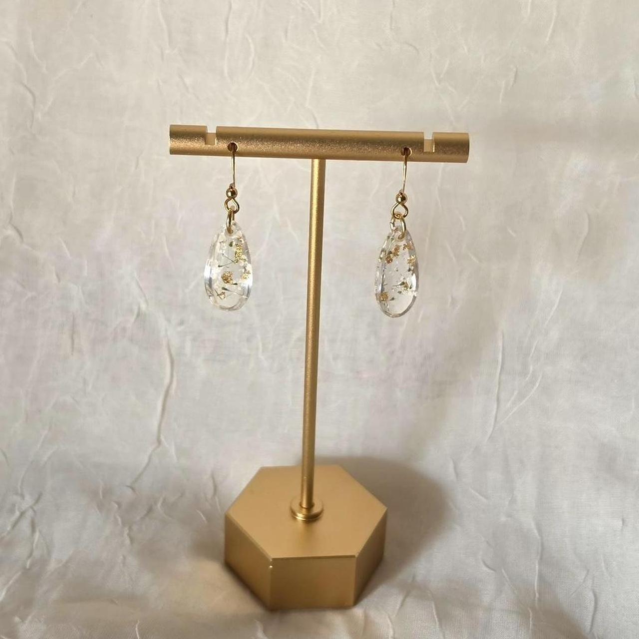 White Pressed Flower Resin Tear Drop Earrings - Handmade Teardrop Resin Jewelry with Gold Flakes