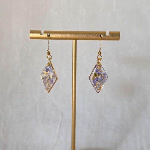 Blue Diamond Pressed Flower Resin Drop Earrings – Handmade Fairycore Jewelry with Gold Flakes